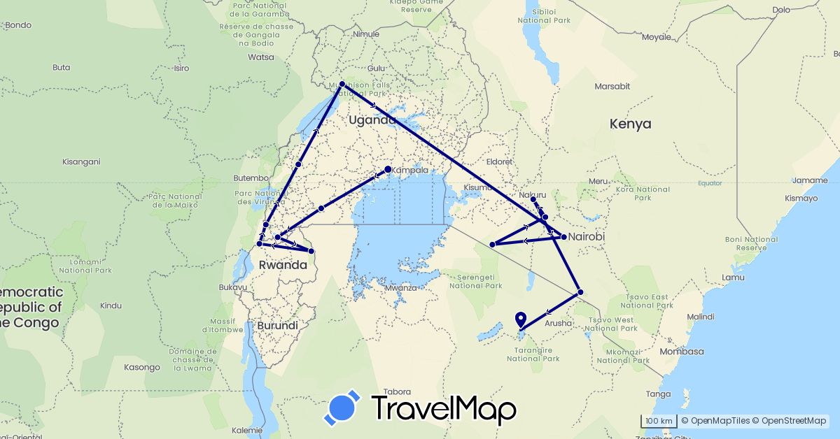 TravelMap itinerary: driving in Kenya, Rwanda, Tanzania, Uganda (Africa)
